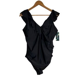 Blooming Jelly Womens Swimsuit XL Black Ruffle Vneck Cinching Slimming One Piece
